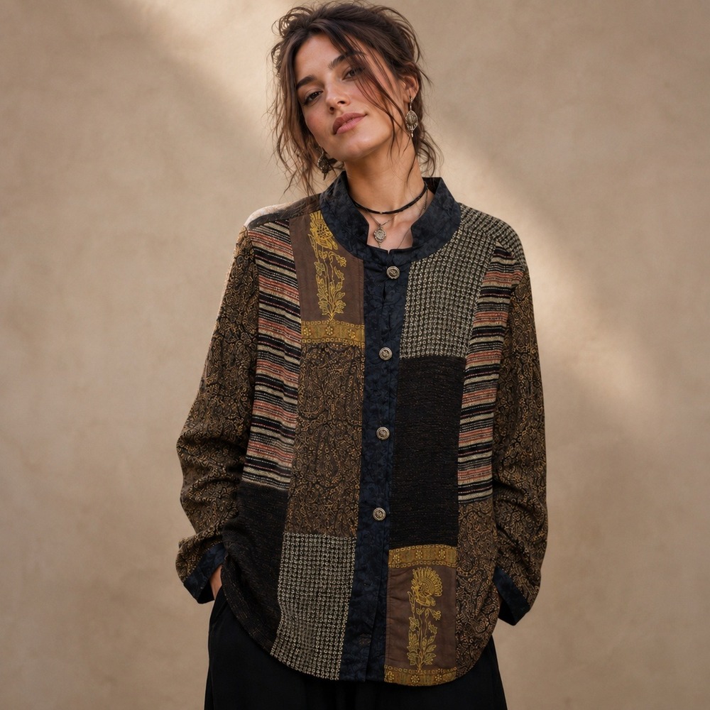 Vtg Y2K Patchwork Mixed Media Jacket Brown Gold Black Festival Dark Boho Artsy L